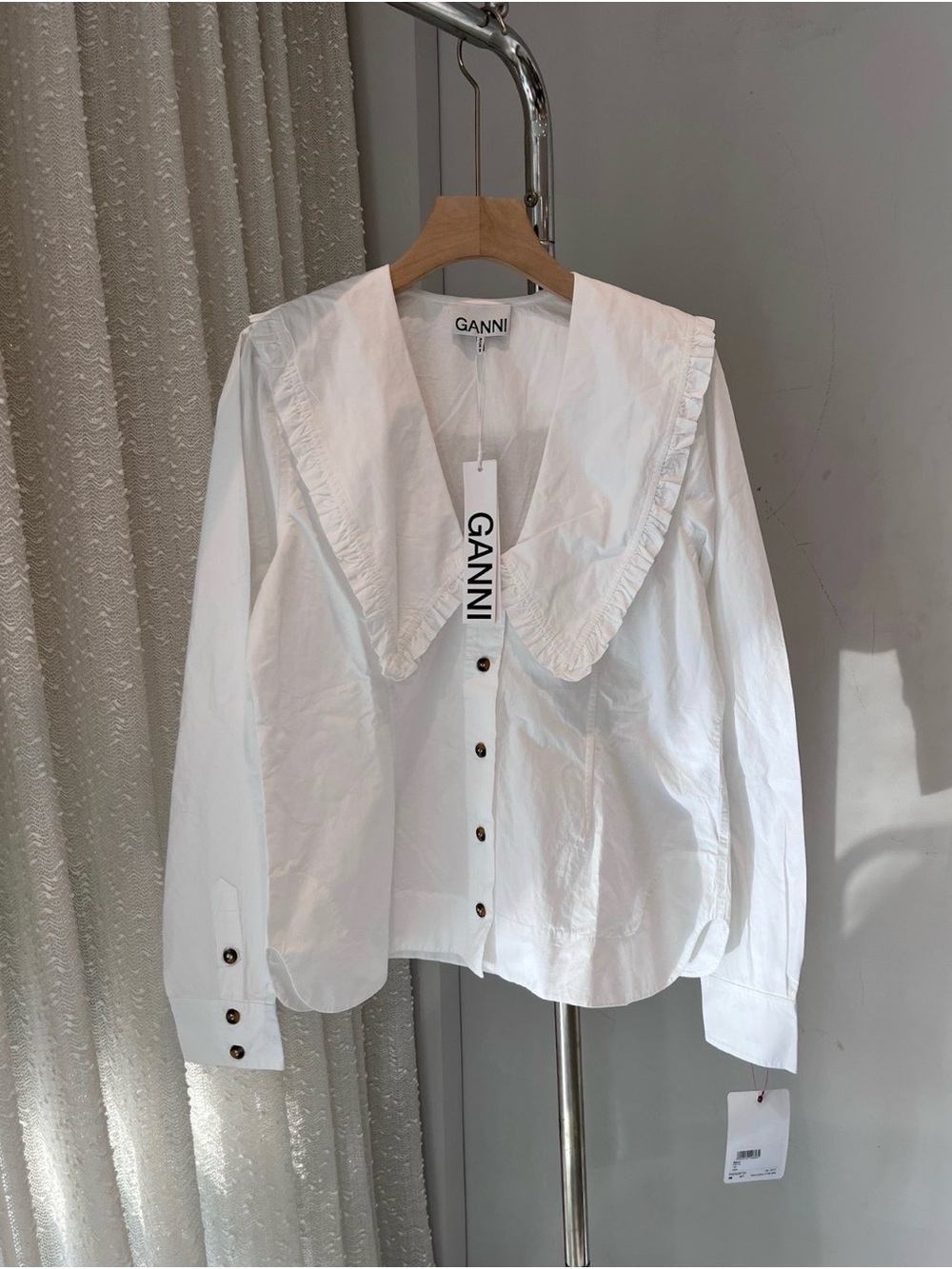 🚩steal GANNI White Cotton Button-Front Blouse with Ruffle Collar